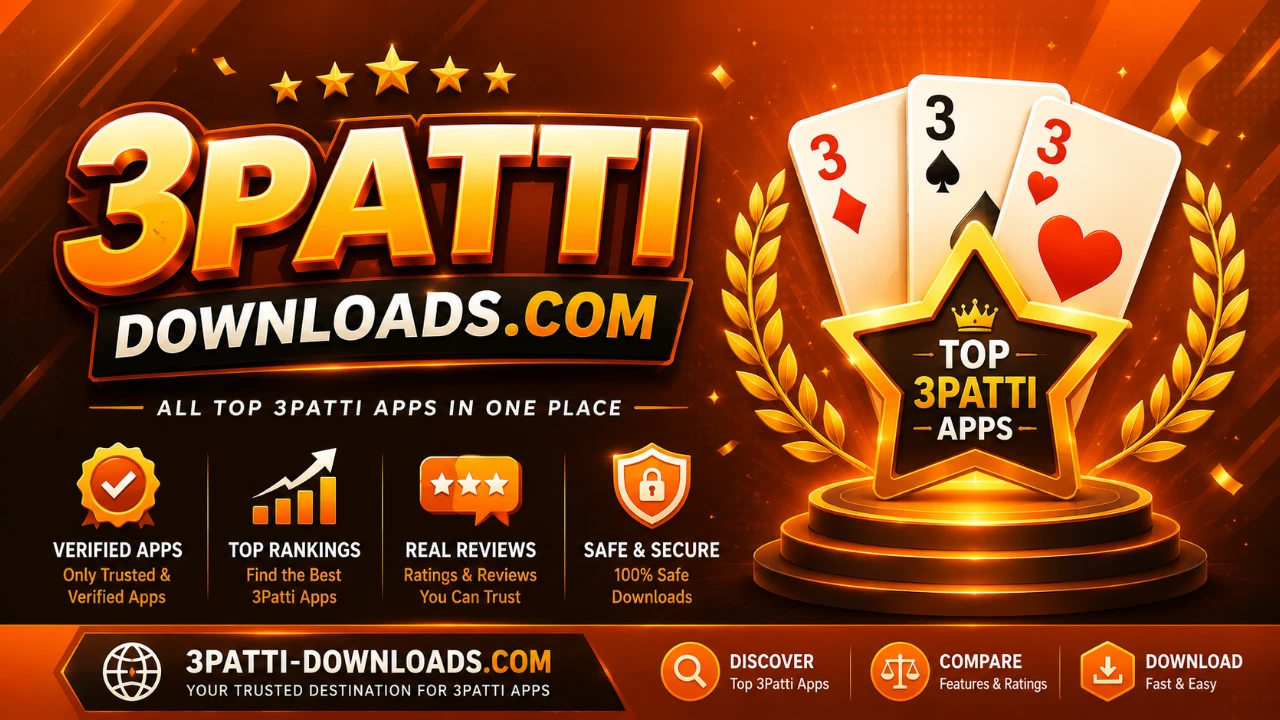 3 Patti Downloads neon-orange leaderboard banner highlighting Teen Patti app tiles, gold ranking badges, and fast-download callouts on charcoal glass panels