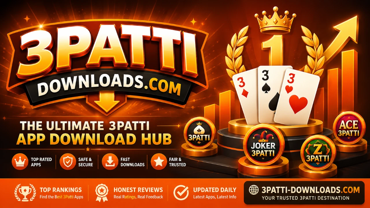 3 Patti Downloads verification-themed banner with glowing reward stacks, withdrawal cues, and secure outbound-route iconography on dark metal textures